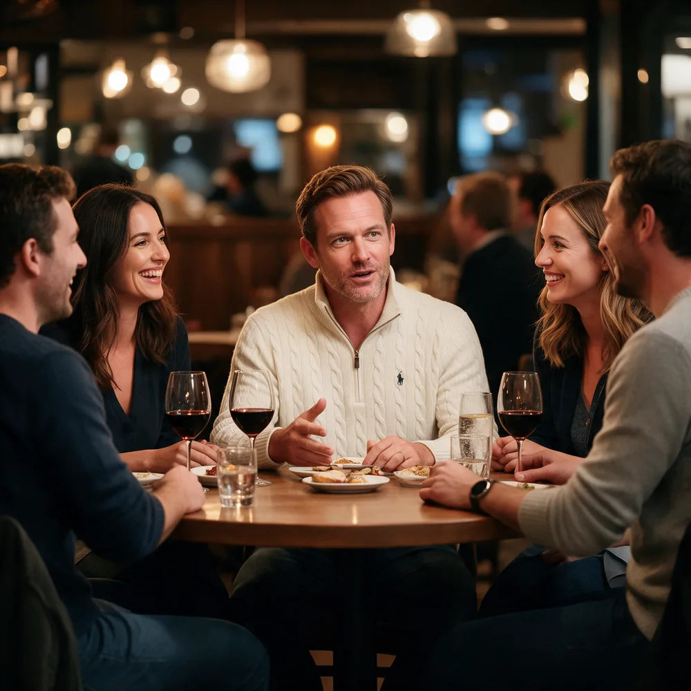 Wearing the cream cable quarter zip at dinner with friends