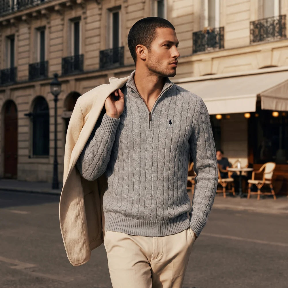 Cable quarter zip worn as a full outfit