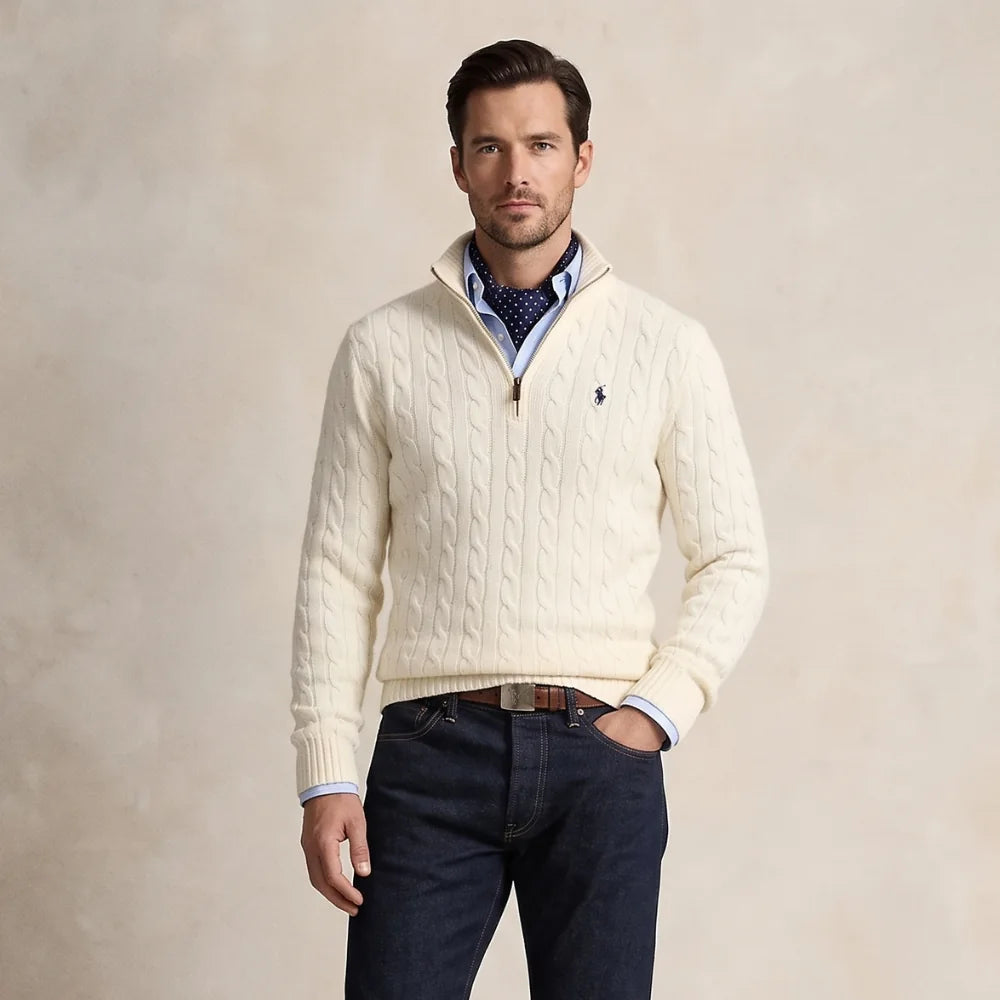 Klassischer Herren-Zopfstrickpullover mit Viertelreißverschluss – 1 kaufen, 2. gratis