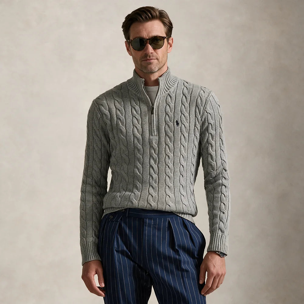 Klassischer Herren-Zopfstrickpullover mit Viertelreißverschluss – 1 kaufen, 2. gratis