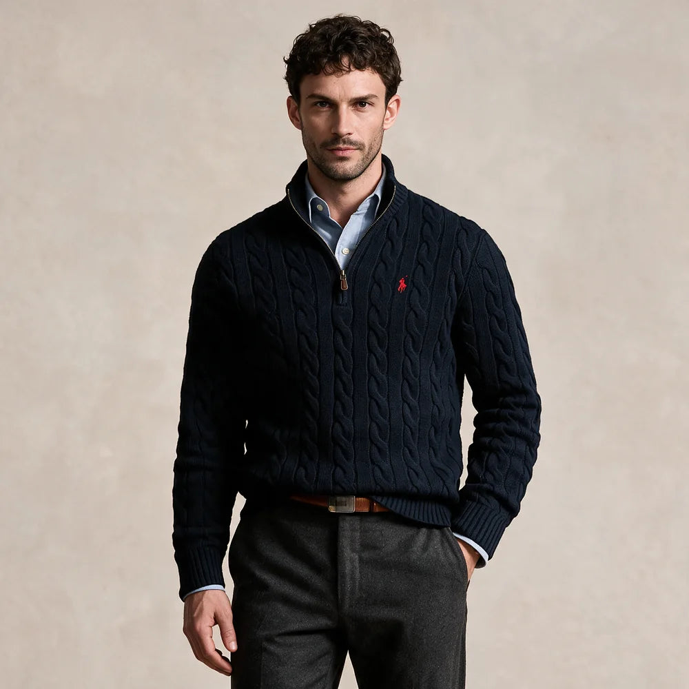 Klassischer Herren-Zopfstrickpullover mit Viertelreißverschluss – 1 kaufen, 2. gratis