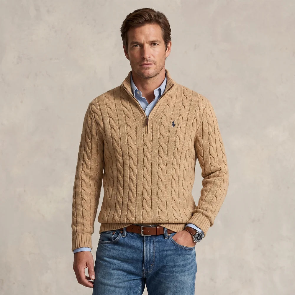 Klassischer Herren-Zopfstrickpullover mit Viertelreißverschluss – 1 kaufen, 2. gratis