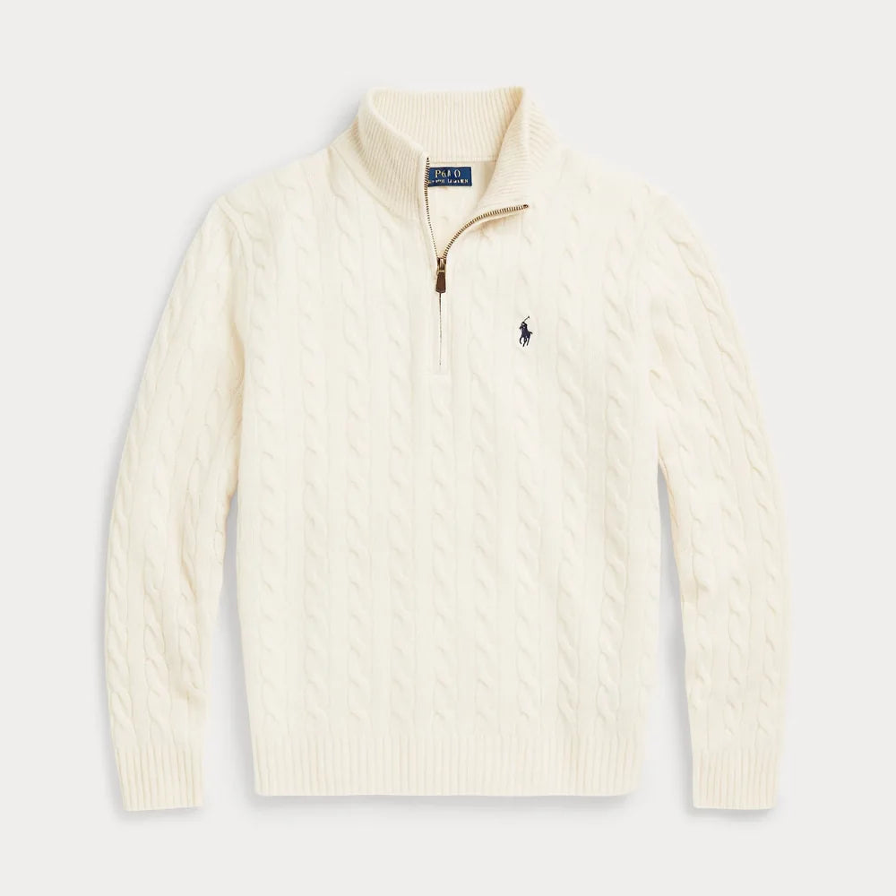 Klassischer Herren-Zopfstrickpullover mit Viertelreißverschluss – 1 kaufen, 2. gratis