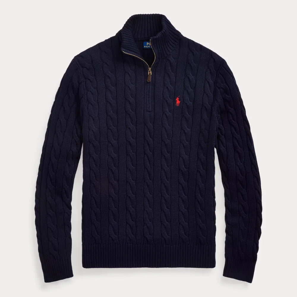 Klassischer Herren-Zopfstrickpullover mit Viertelreißverschluss – 1 kaufen, 2. gratis