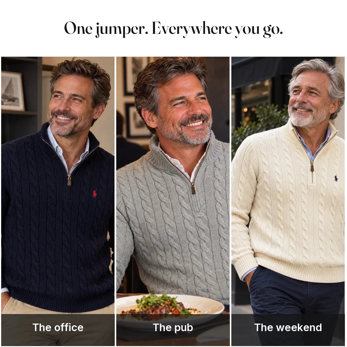 Klassischer Herren-Zopfstrickpullover mit Viertelreißverschluss – 1 kaufen, 2. gratis