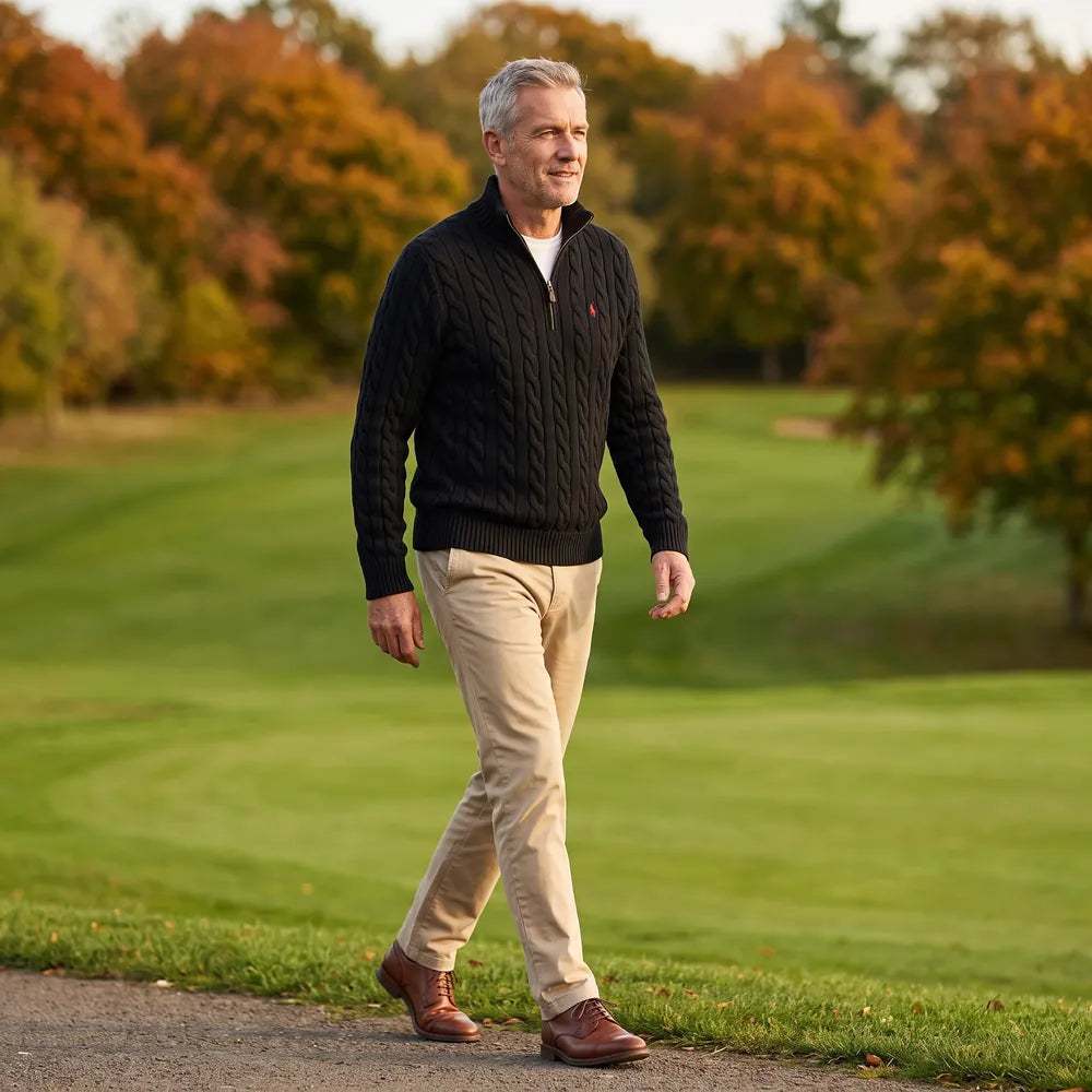 Klassischer Herren-Zopfstrickpullover mit Viertelreißverschluss – 1 kaufen, 2. gratis