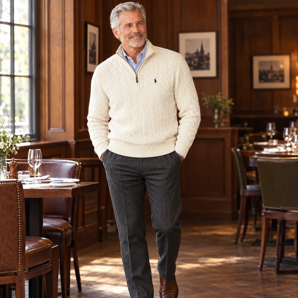 Klassischer Herren-Zopfstrickpullover mit Viertelreißverschluss – 1 kaufen, 2. gratis