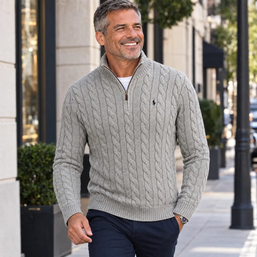 Klassischer Herren-Zopfstrickpullover mit Viertelreißverschluss – 1 kaufen, 2. gratis