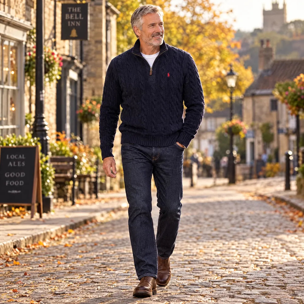 Klassischer Herren-Zopfstrickpullover mit Viertelreißverschluss – 1 kaufen, 2. gratis
