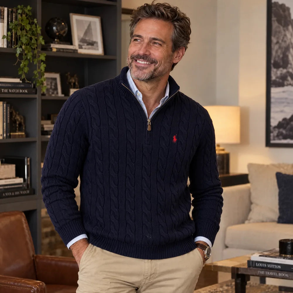 Klassischer Herren-Zopfstrickpullover mit Viertelreißverschluss – 1 kaufen, 2. gratis